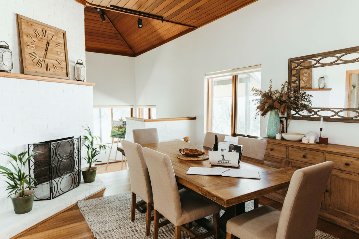 Redgate Farmstay rustic dining interior with panoramic Blue Mountains views, Hartley NSW