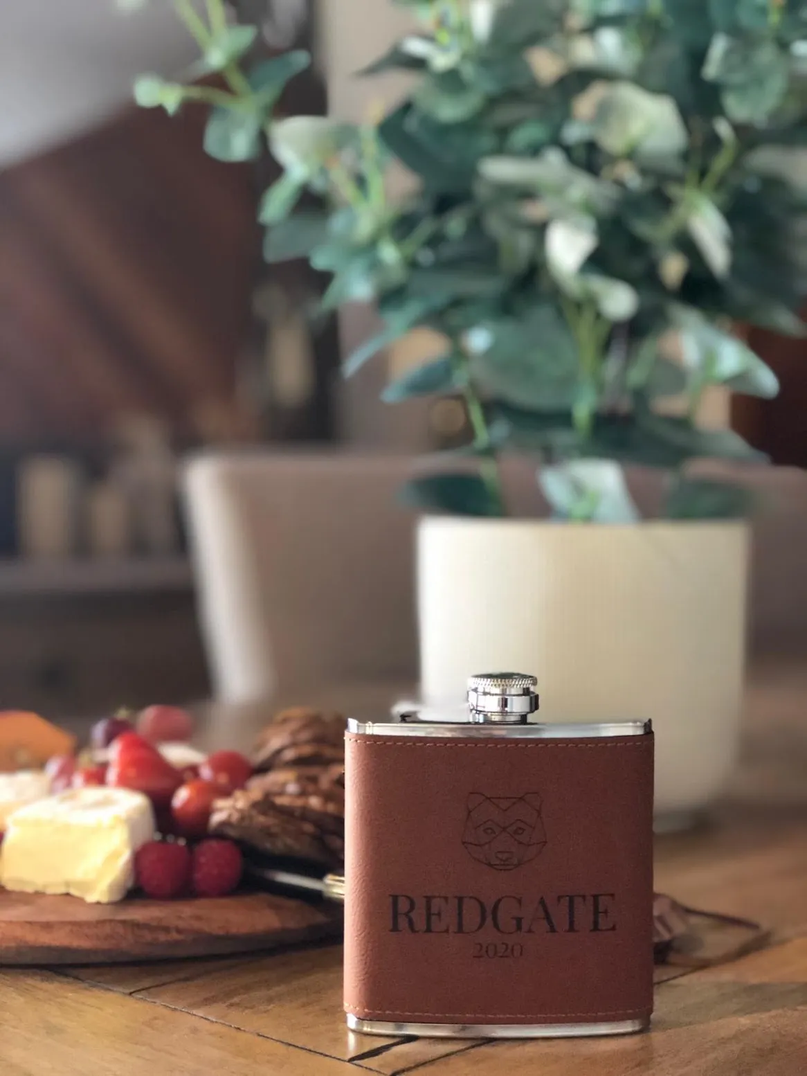 Redgate branded flask with cheese platter