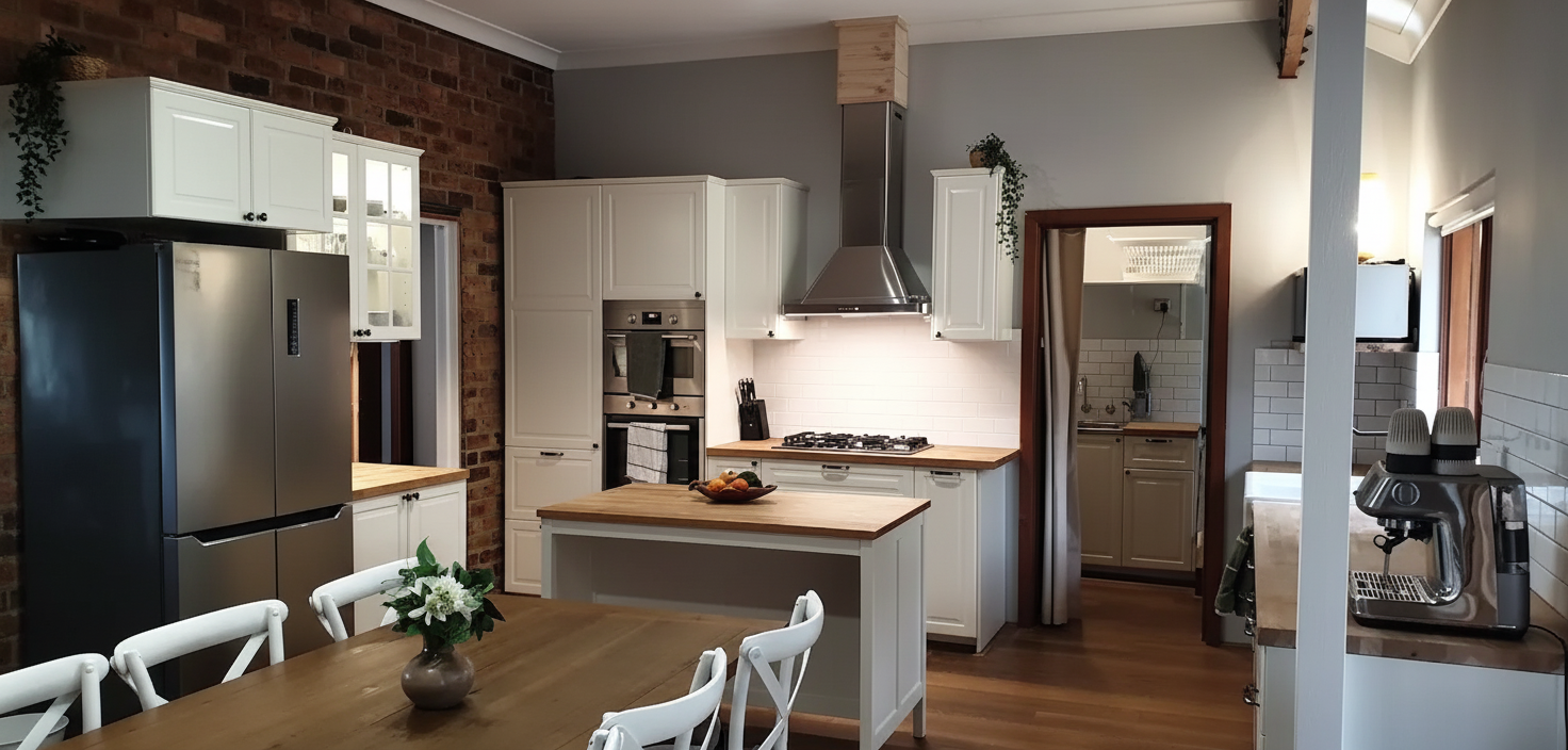 Spacious country kitchen with brick wall